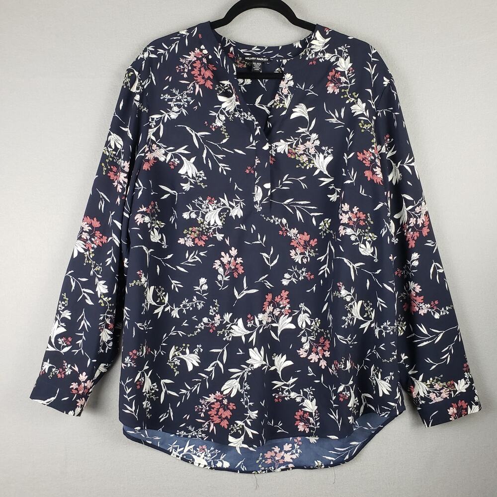 Hilary Radley Size XL Long Sleeve Popover Blouse Navy Blue Wildflower Print